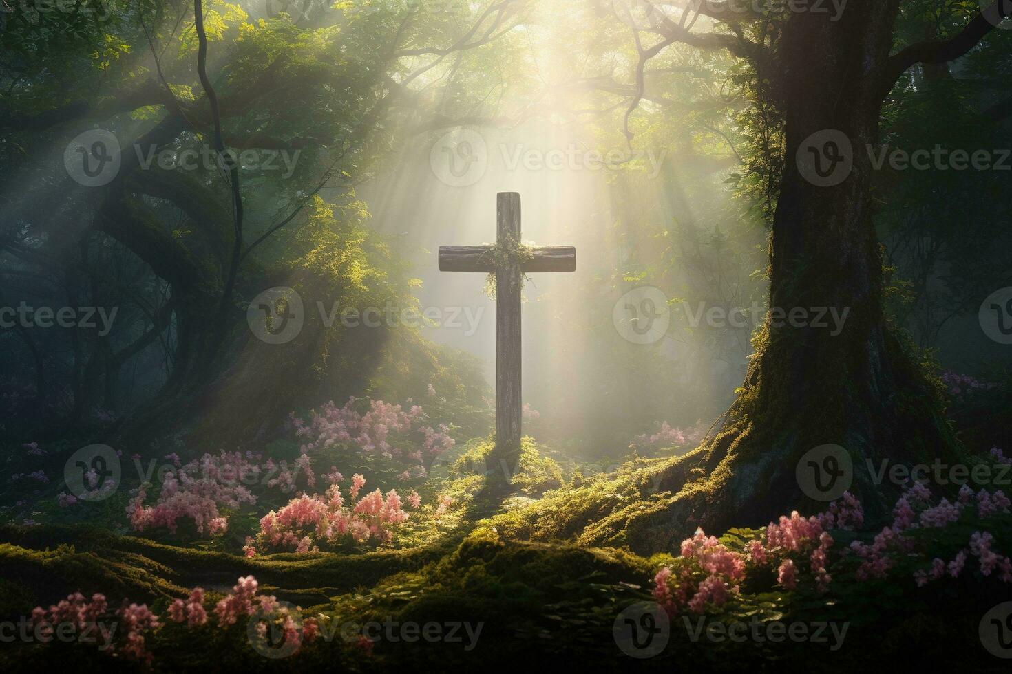 Wooden cross in the forest with sunlight in the morning AI generated photo