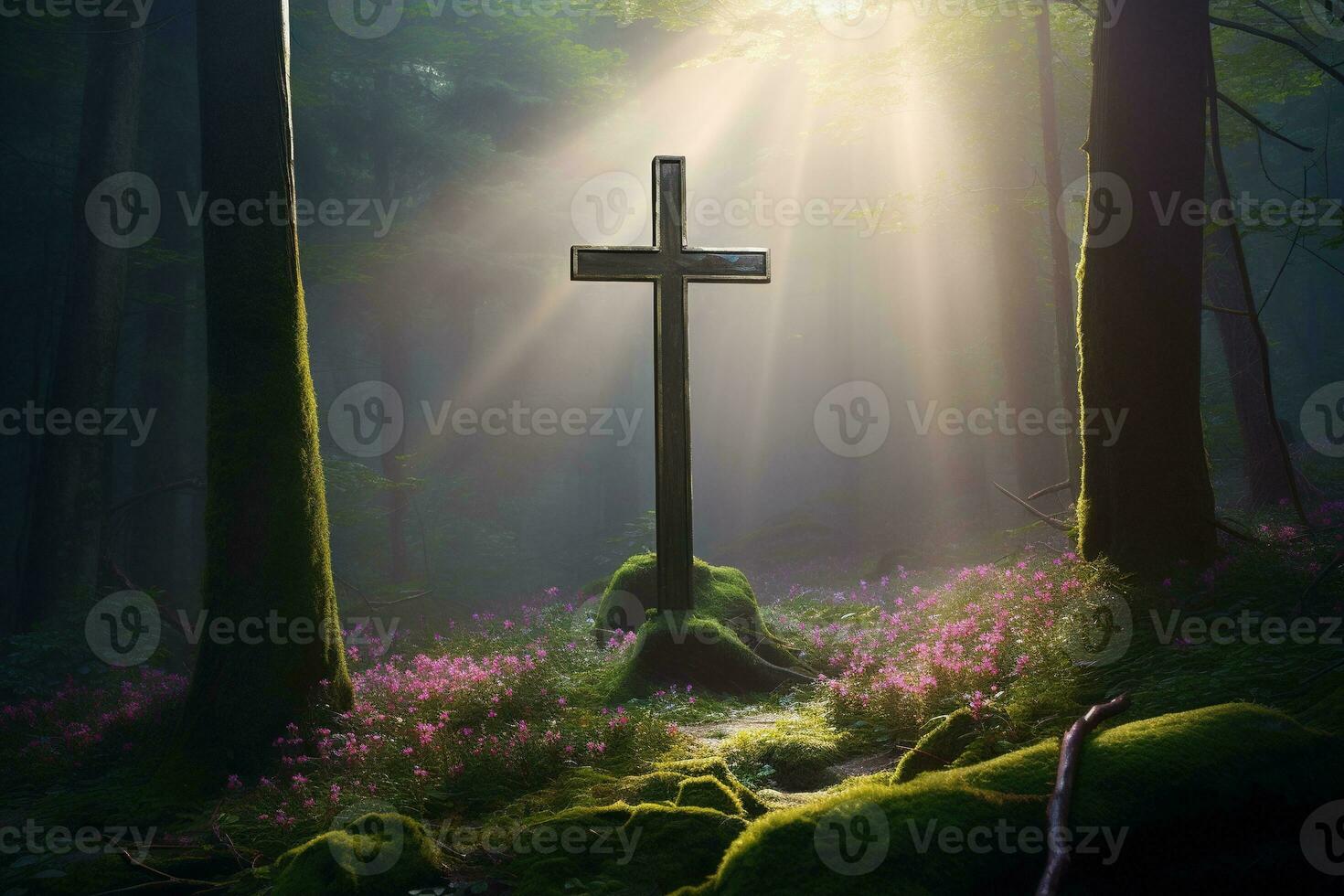 Wooden cross in the forest with sunlight in the morning AI generated photo