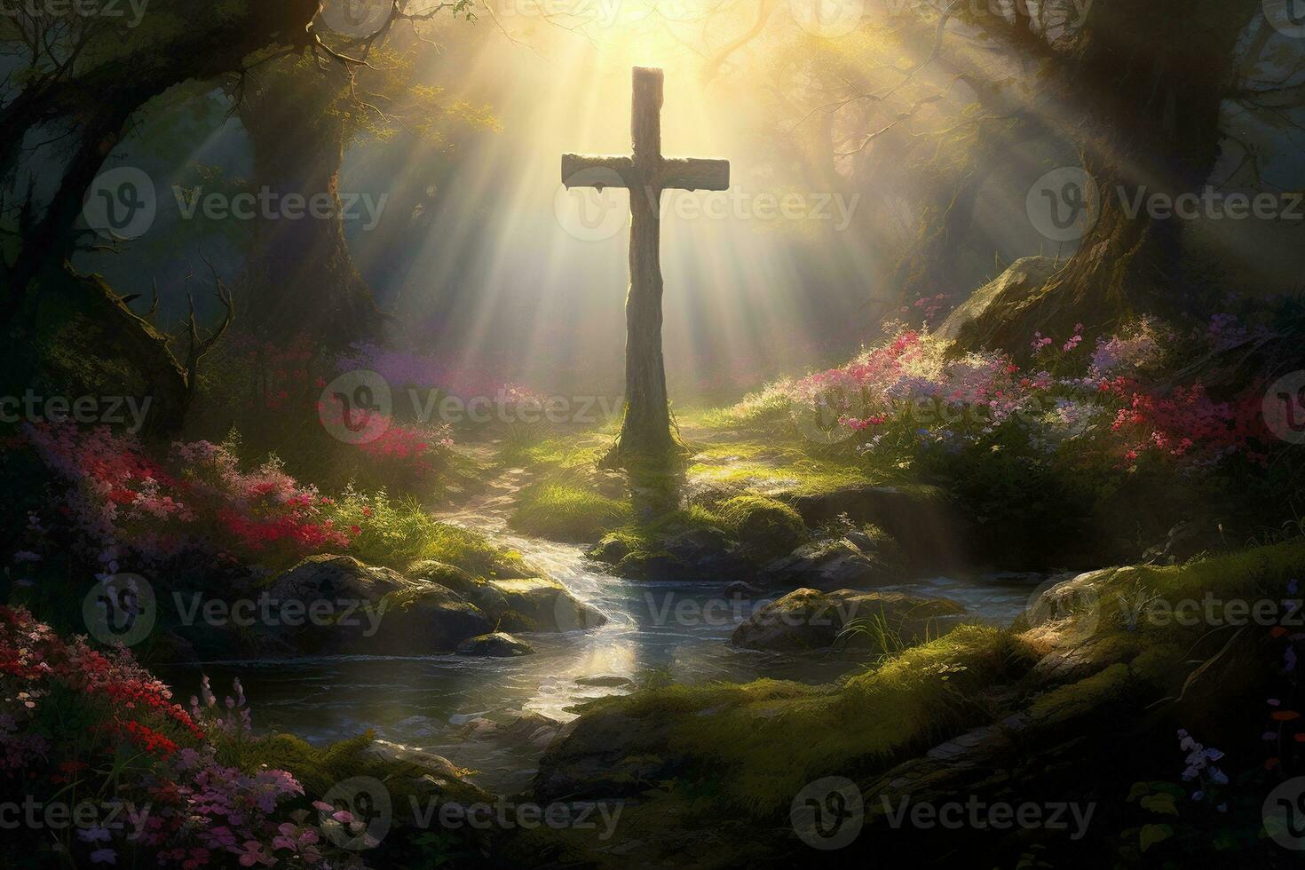 Wooden cross in the forest with sunlight in the morning AI generated photo