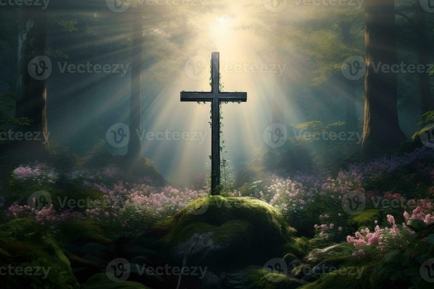Wooden cross in the forest with sunlight in the morning AI generated photo