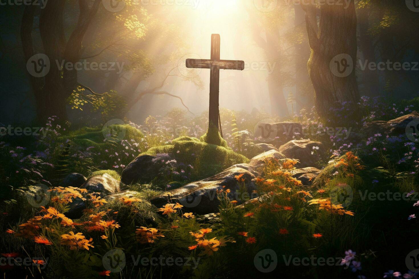 Wooden cross in the forest with sunlight in the morning AI generated photo