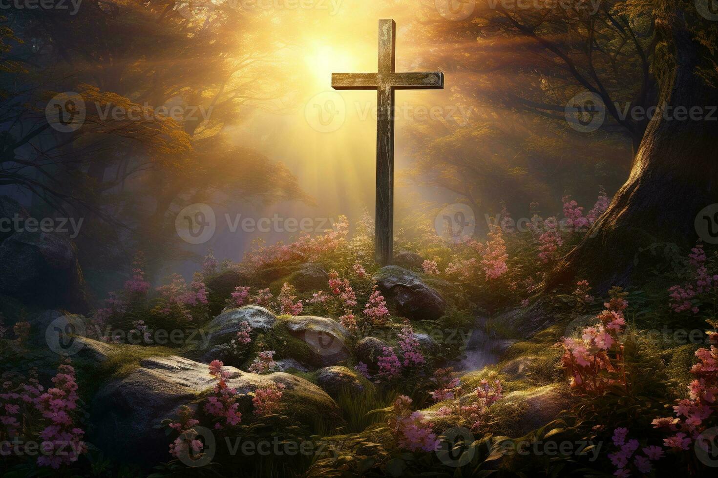 Wooden cross in the forest with sunlight in the morning AI generated photo