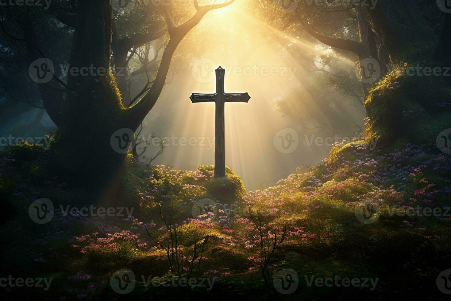 Wooden cross in the forest with sunlight in the morning AI generated photo