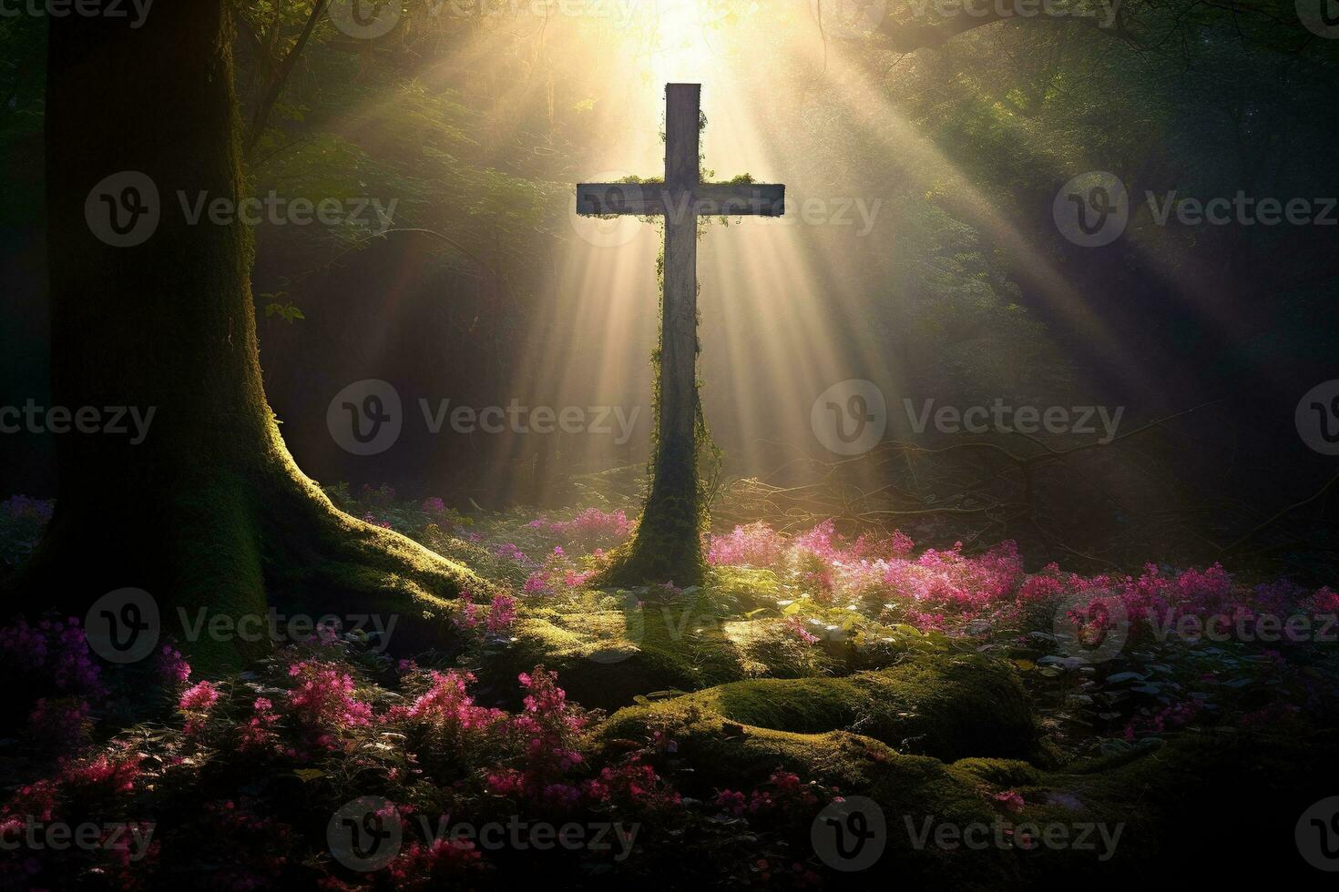 Wooden cross in the forest with sunlight in the morning AI generated photo