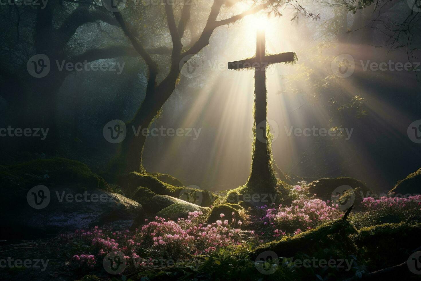 Wooden cross in the forest with sunlight in the morning AI generated photo