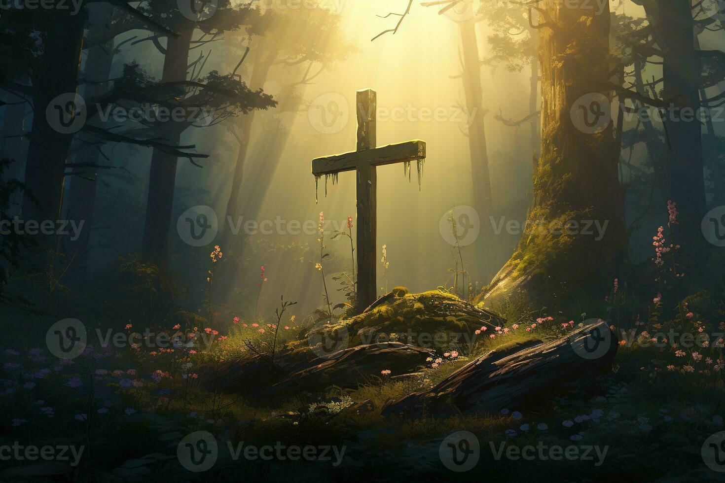 Wooden cross in the forest with sunlight in the morning AI generated photo