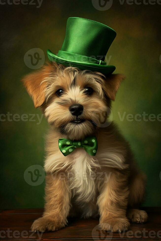 Cute puppy in green top hat. St. Patrick's Day. AI generated photo