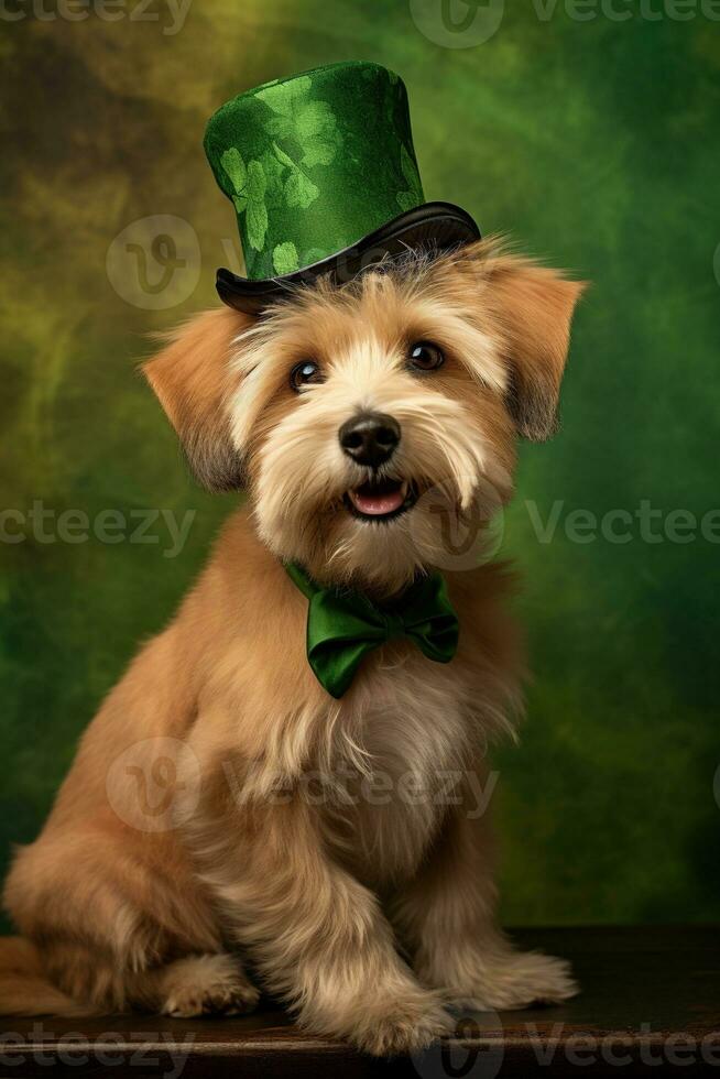 Cute puppy in green top hat. St. Patrick's Day. AI generated photo