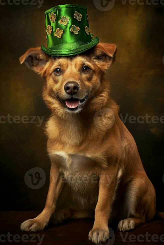 Cute puppy in green top hat. St. Patrick's Day. AI generated photo