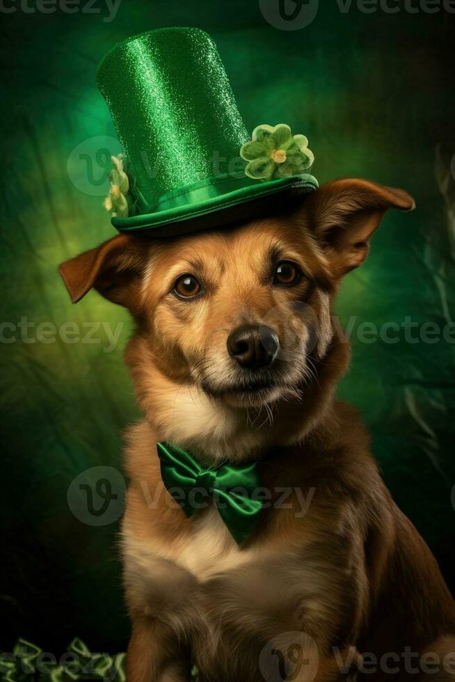 Cute puppy in green top hat. St. Patrick's Day. AI generated photo