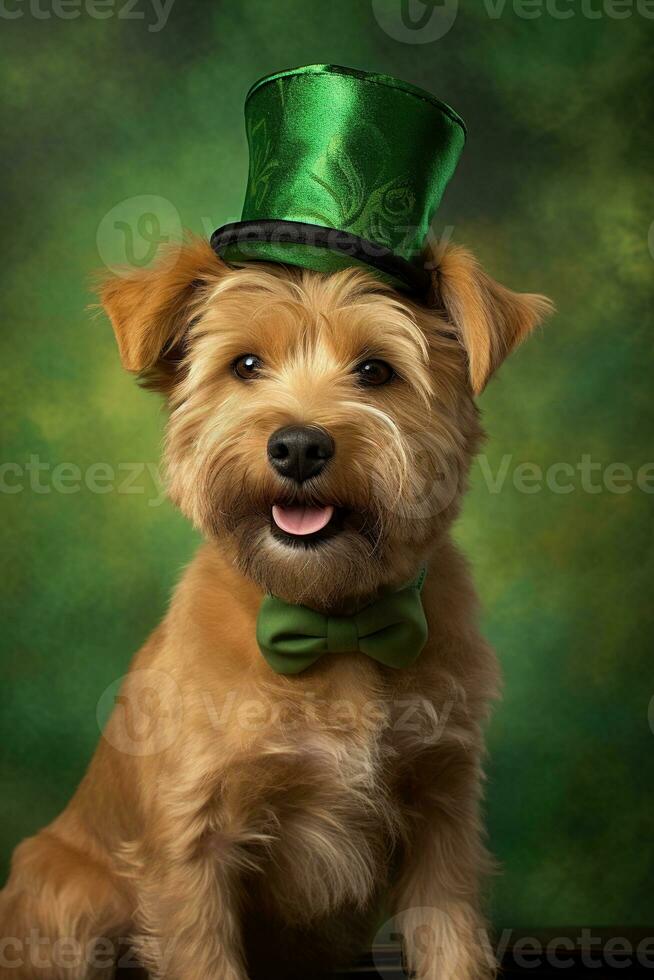 Cute puppy in green top hat. St. Patrick's Day. AI generated photo