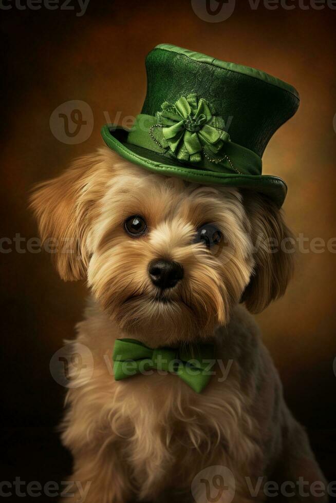 Cute puppy in green top hat. St. Patrick's Day. AI generated photo