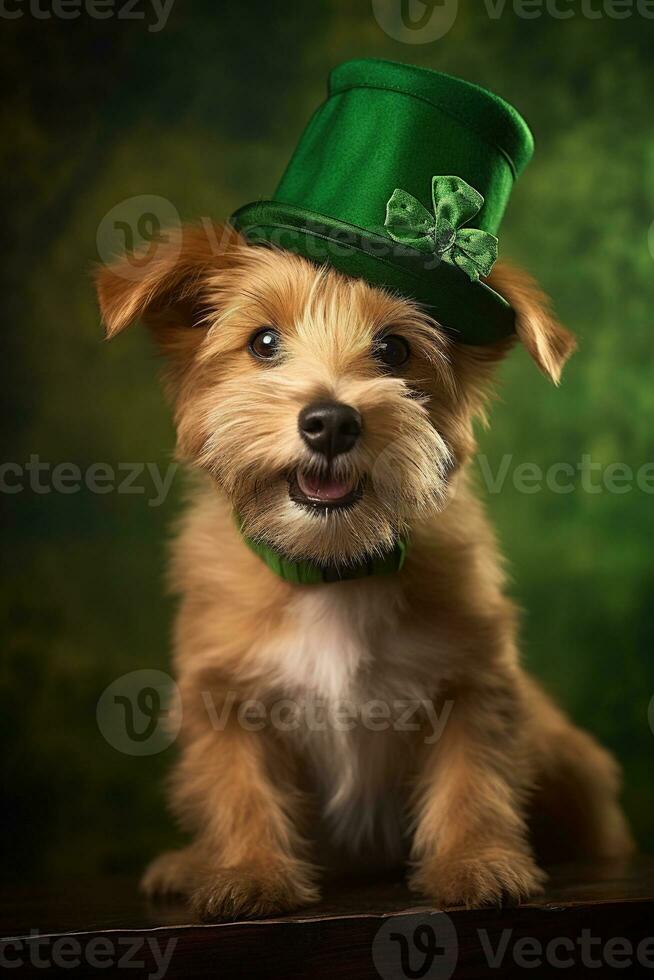 Cute puppy in green top hat. St. Patrick's Day. AI generated photo