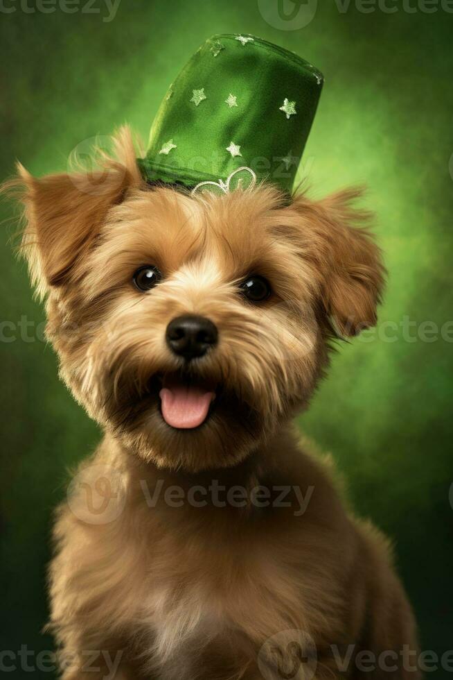 linda perrito en verde parte superior sombrero. S t. patrick's día. ai generado foto