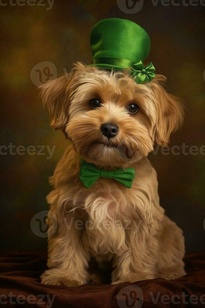 Cute puppy in green top hat. St. Patrick's Day. AI generated photo