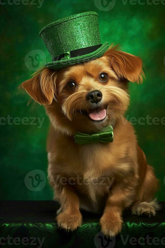 Cute puppy in green top hat. St. Patrick's Day. AI generated photo