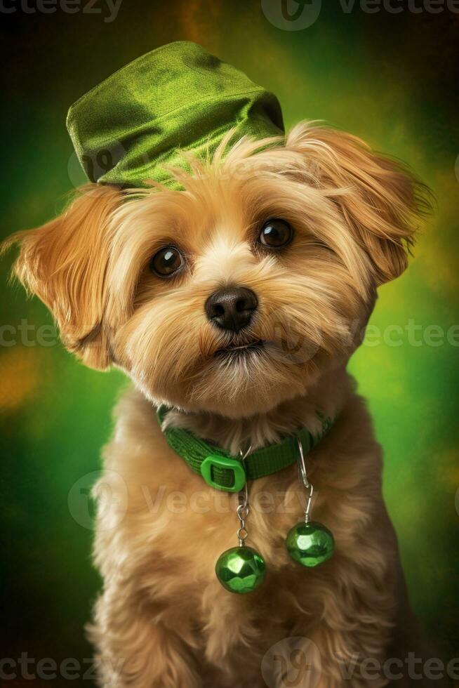 Cute puppy in green top hat. St. Patrick's Day. AI generated photo