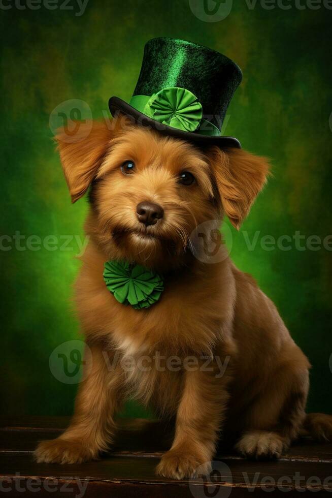 Cute puppy in green top hat. St. Patrick's Day. AI generated photo