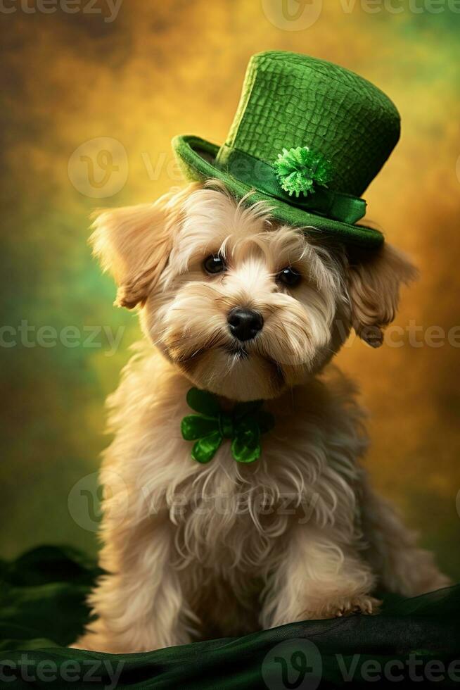 Cute puppy in green top hat. St. Patrick's Day. AI generated photo