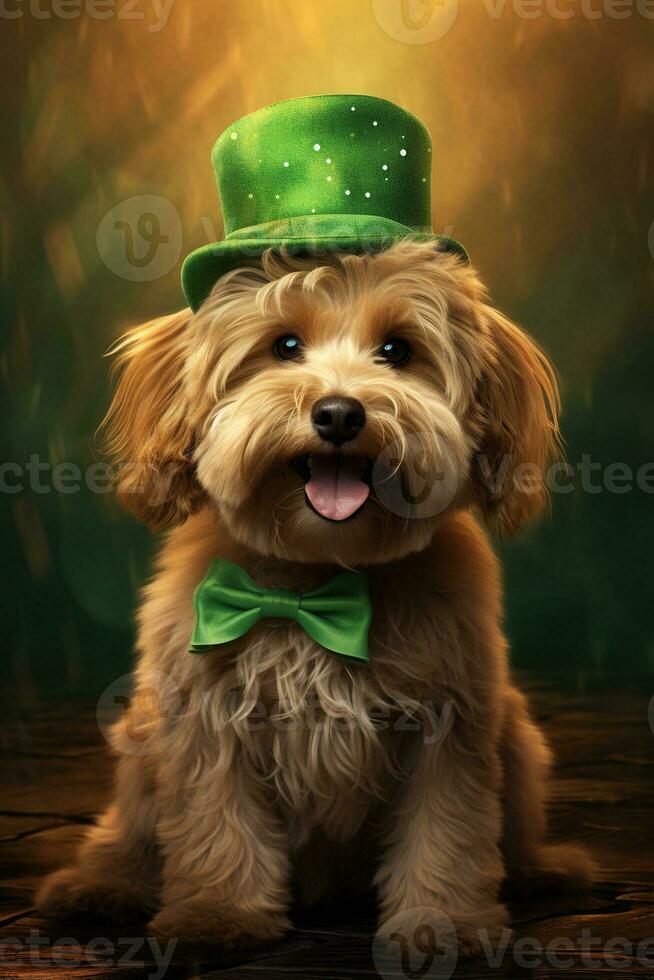 Cute puppy in green top hat. St. Patrick's Day. AI generated photo