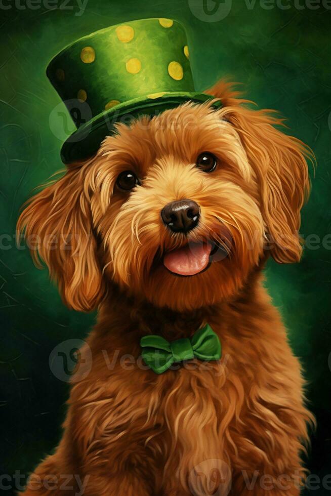 Cute puppy in green top hat. St. Patrick's Day. AI generated photo