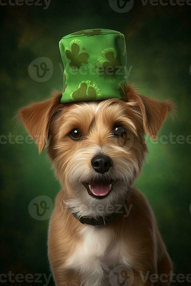 Cute puppy in green top hat. St. Patrick's Day. AI generated photo