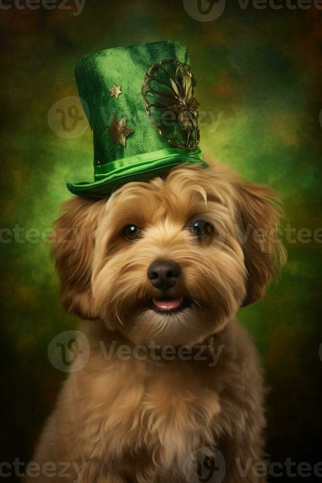 Cute puppy in green top hat. St. Patrick's Day. AI generated photo