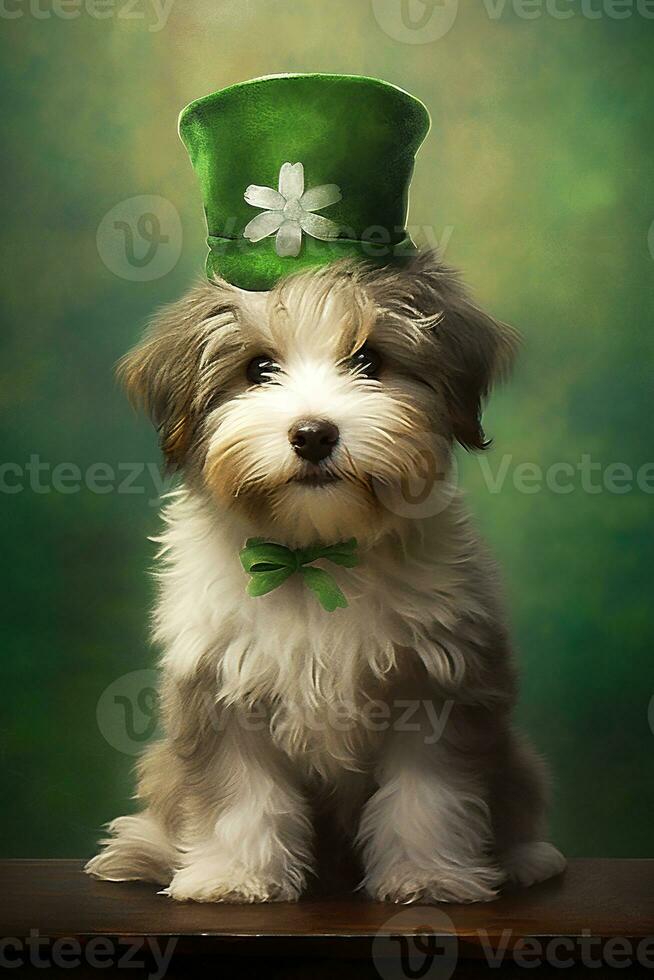 Cute puppy in green top hat. St. Patrick's Day. AI generated photo