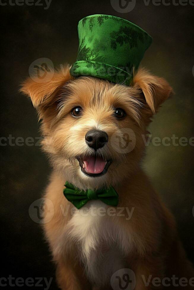 Cute puppy in green top hat. St. Patrick's Day. AI generated photo