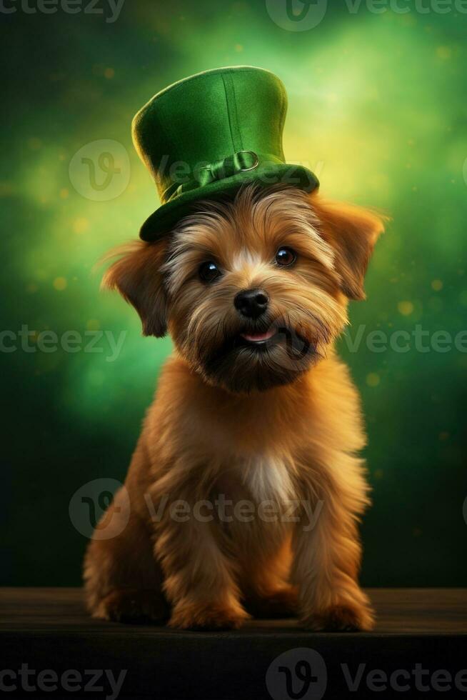 Cute puppy in green top hat. St. Patrick's Day. AI generated photo