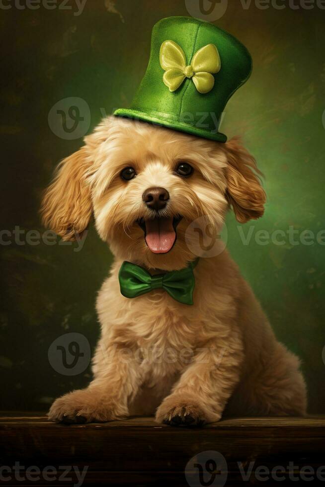 Cute puppy in green top hat. St. Patrick's Day. AI generated photo