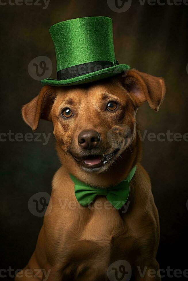 Cute puppy in green top hat. St. Patrick's Day. AI generated photo