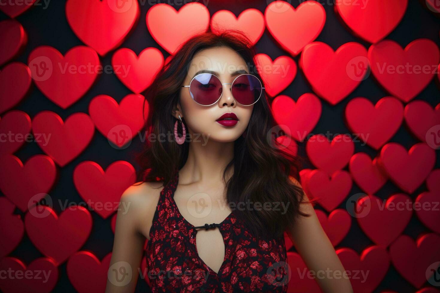 San Valentín día. retrato de hermosa joven asiático mujer en Gafas de sol en rojo antecedentes con corazones. ai generado foto