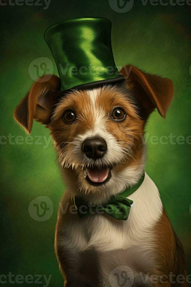 Cute puppy in green top hat. St. Patrick's Day. AI generated photo