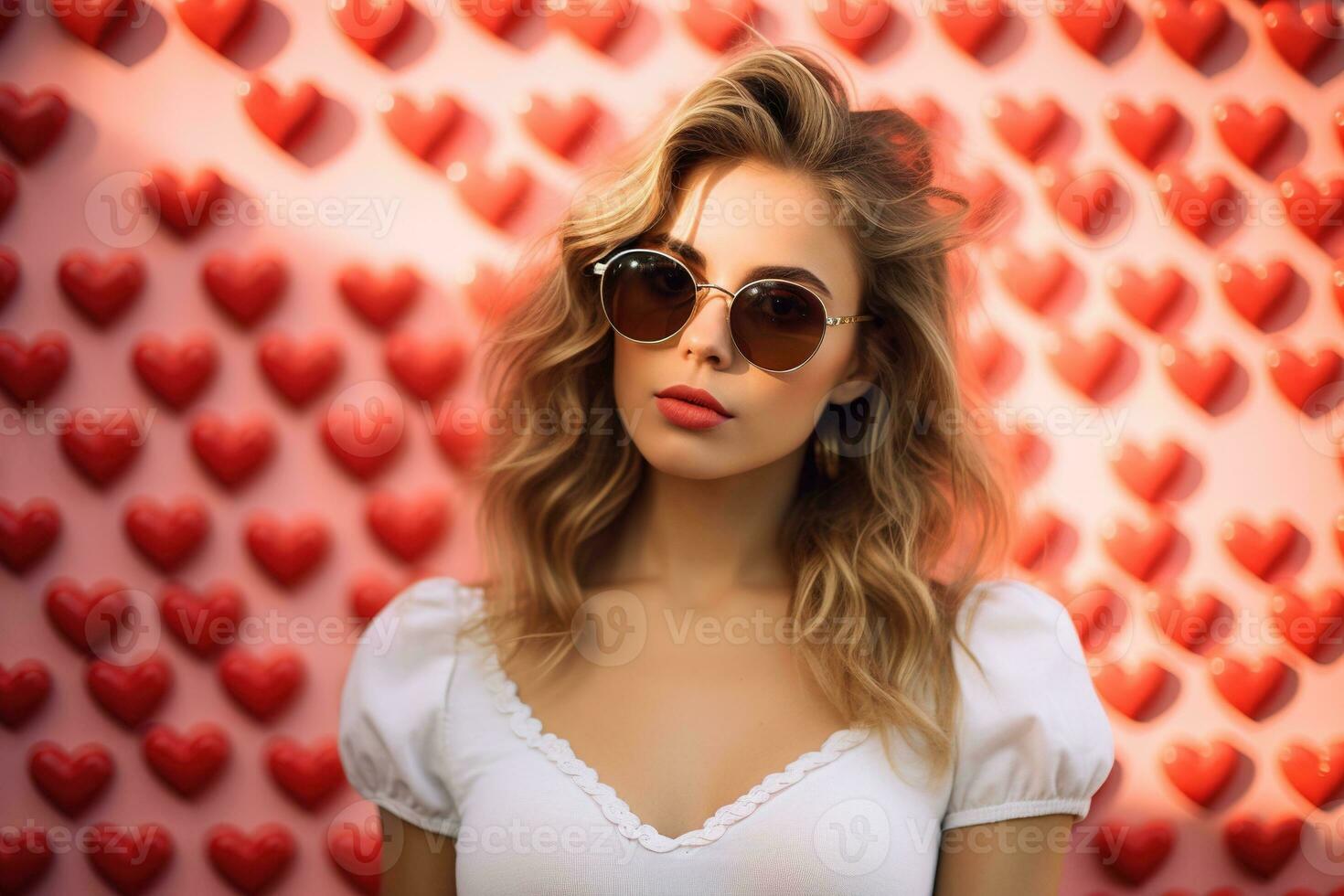 San Valentín día. retrato de hermosa joven asiático mujer en Gafas de sol en rojo antecedentes con corazones. ai generado foto