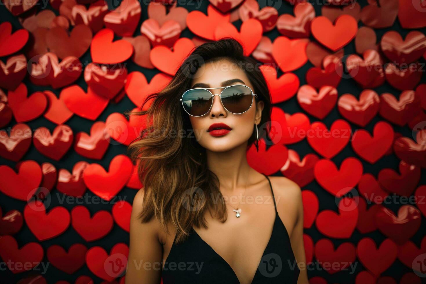 San Valentín día. retrato de hermosa joven asiático mujer en Gafas de sol en rojo antecedentes con corazones. ai generado foto