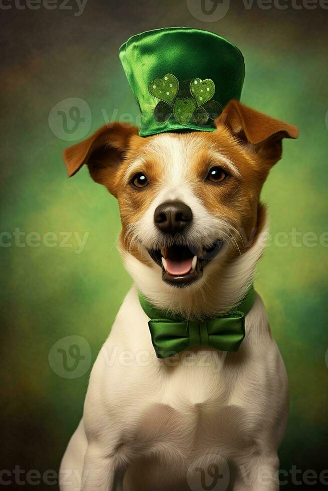 Cute puppy in green top hat. St. Patrick's Day. AI generated photo