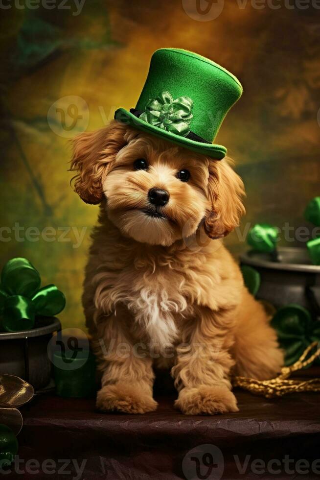 Cute puppy in green top hat. St. Patrick's Day. AI generated photo