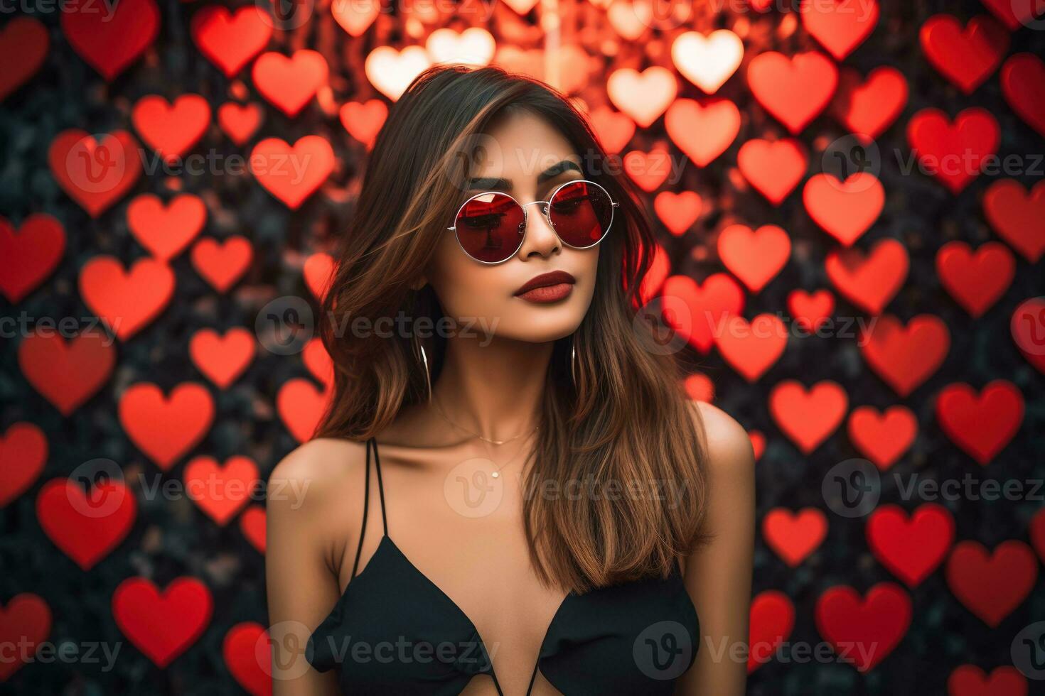 Valentine's day. Portrait of beautiful young Asian woman in sunglasses on red background with hearts. AI generated photo