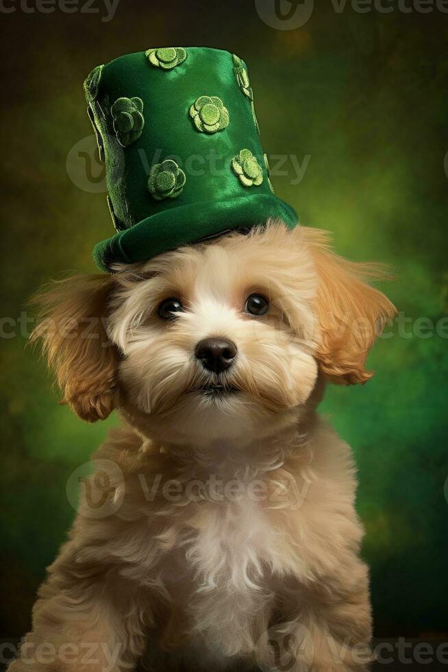 Cute puppy in green top hat. St. Patrick's Day. AI generated photo