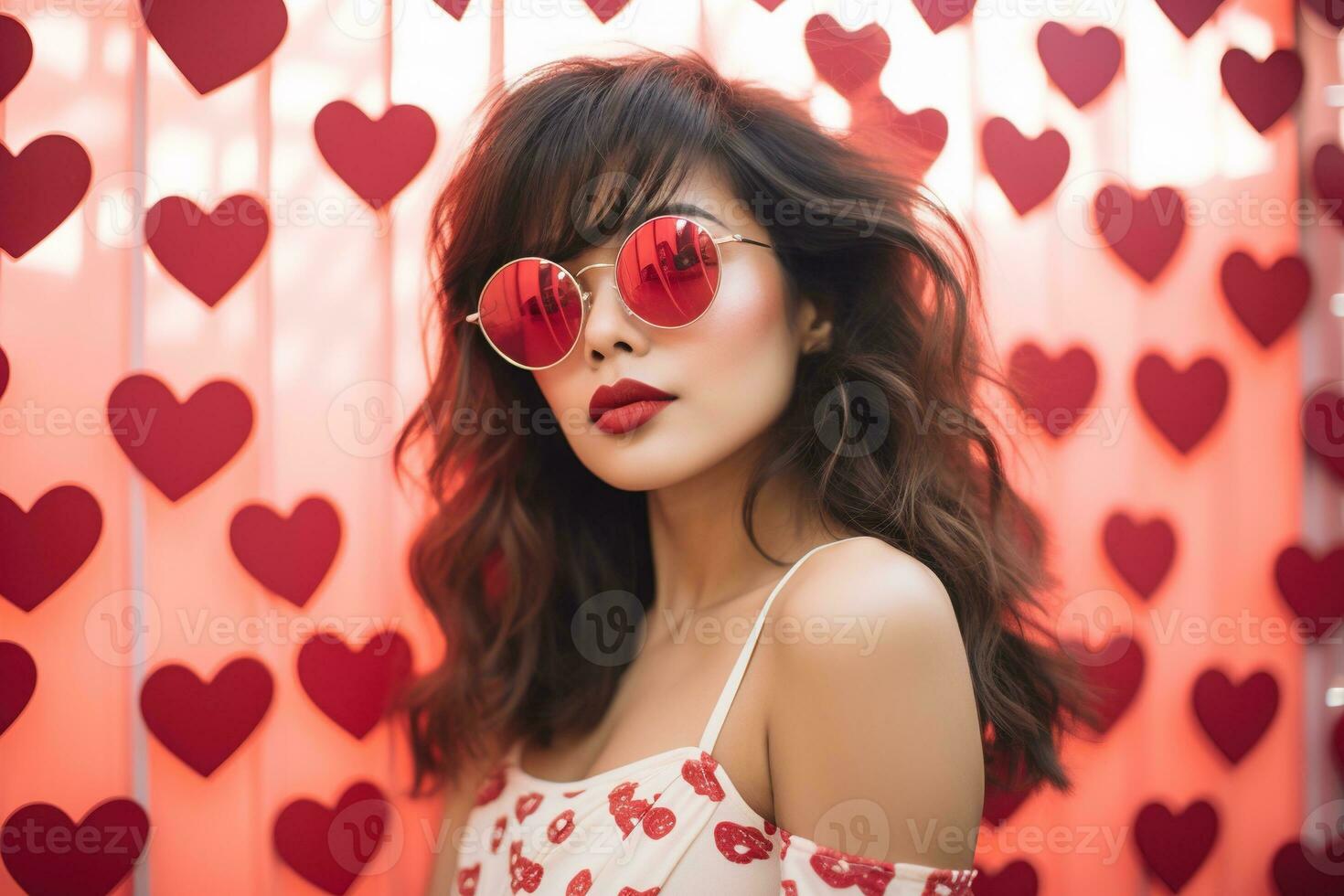 San Valentín día. retrato de hermosa joven asiático mujer en Gafas de sol en rojo antecedentes con corazones. ai generado foto