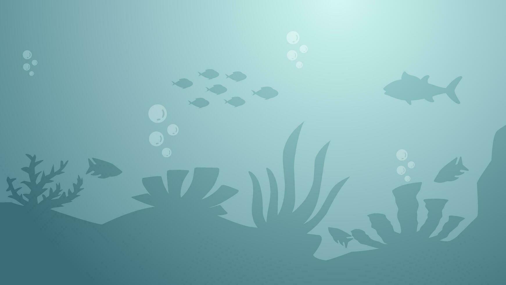 Seascape vector illustration. Scenery of fishes and coral reef in the bottom sea. Underwater panorama for illustration, background or wallpaper