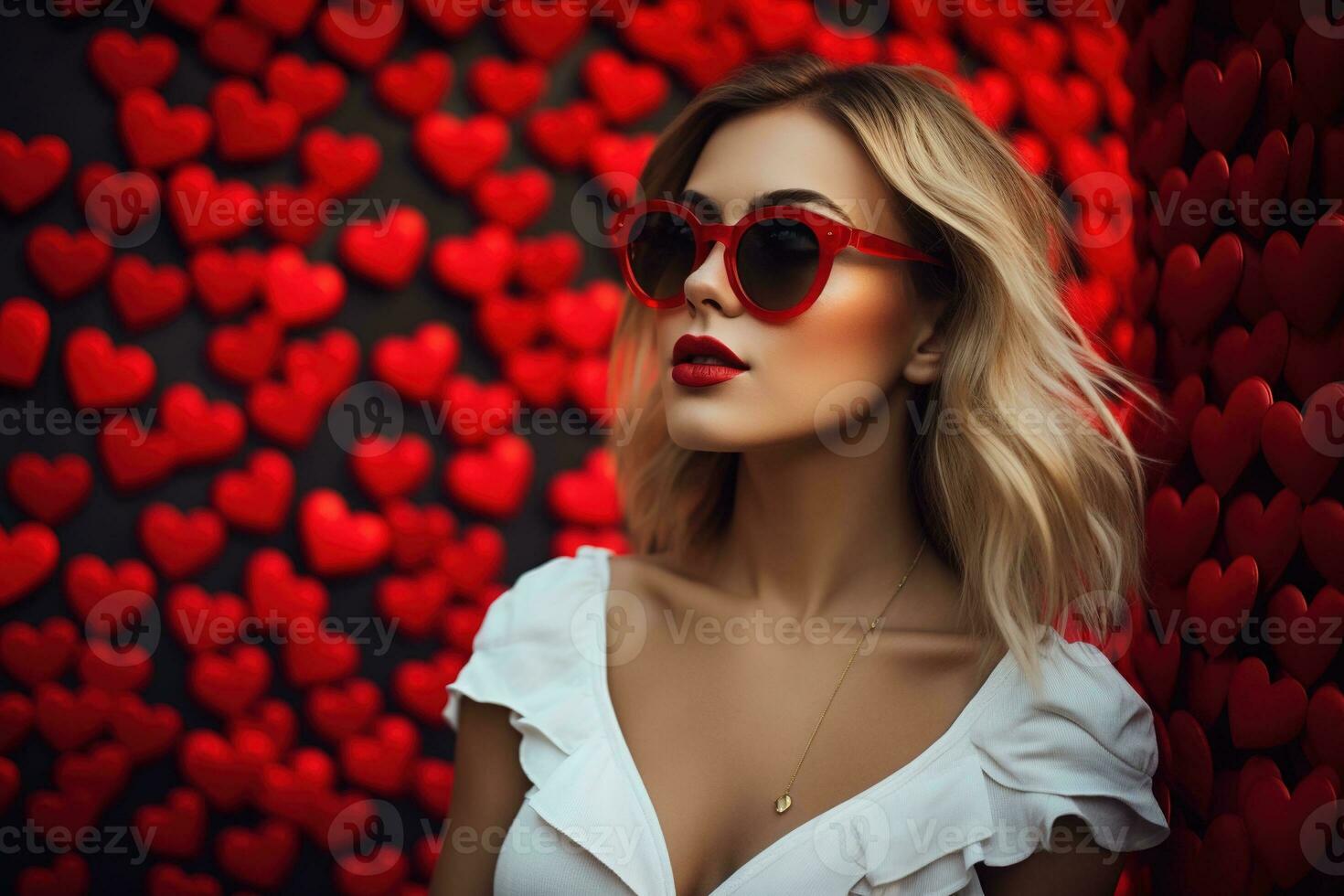 San Valentín día. retrato de hermosa joven mujer en Gafas de sol en rojo antecedentes con corazones. ai generado foto