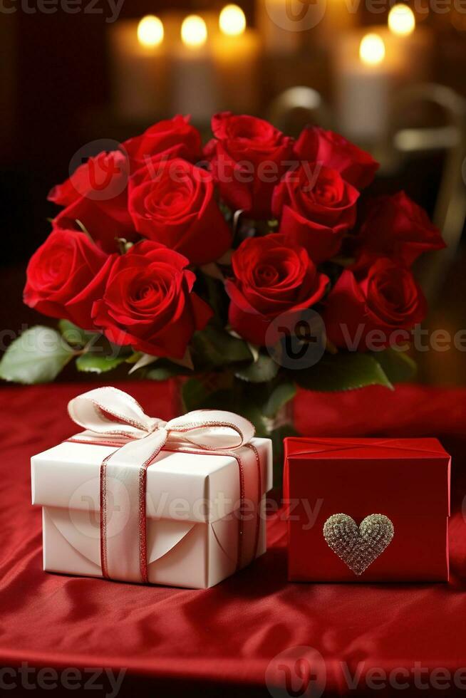 Romantic dinner setting with red roses and gift box on table.Valentine's Day Concept AI generated photo
