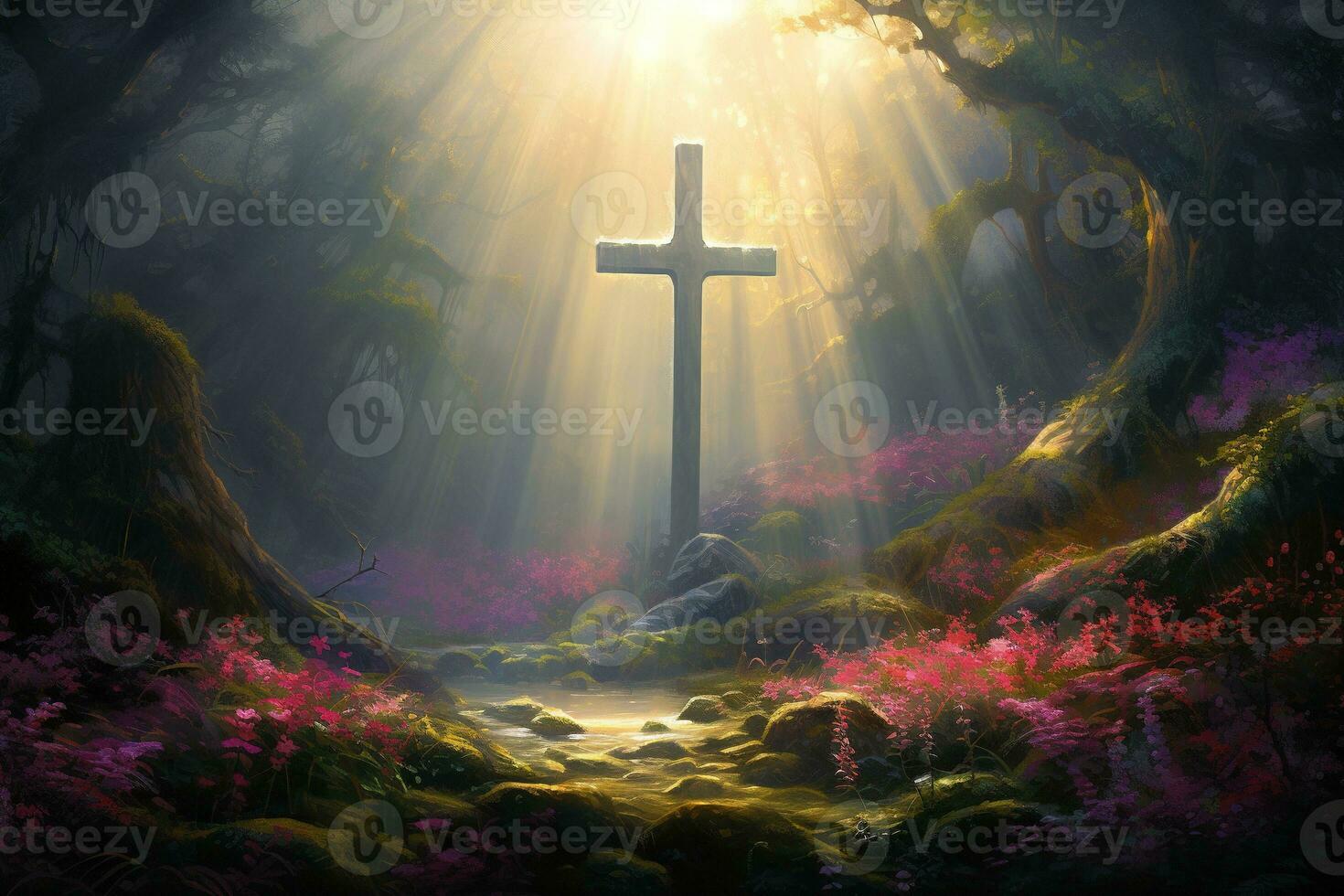 Wooden cross in the forest with sunlight in the morning AI generated photo