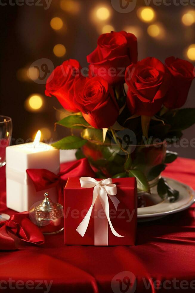 Romantic dinner setting with red roses and gift box on table.Valentine's Day Concept AI generated photo