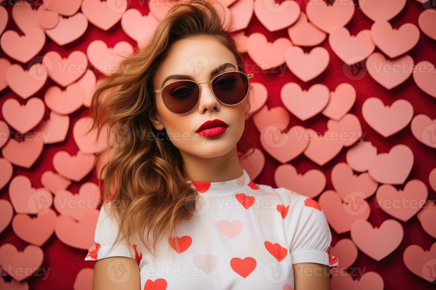 San Valentín día. retrato de hermosa joven mujer en Gafas de sol en rojo antecedentes con corazones. ai generado foto