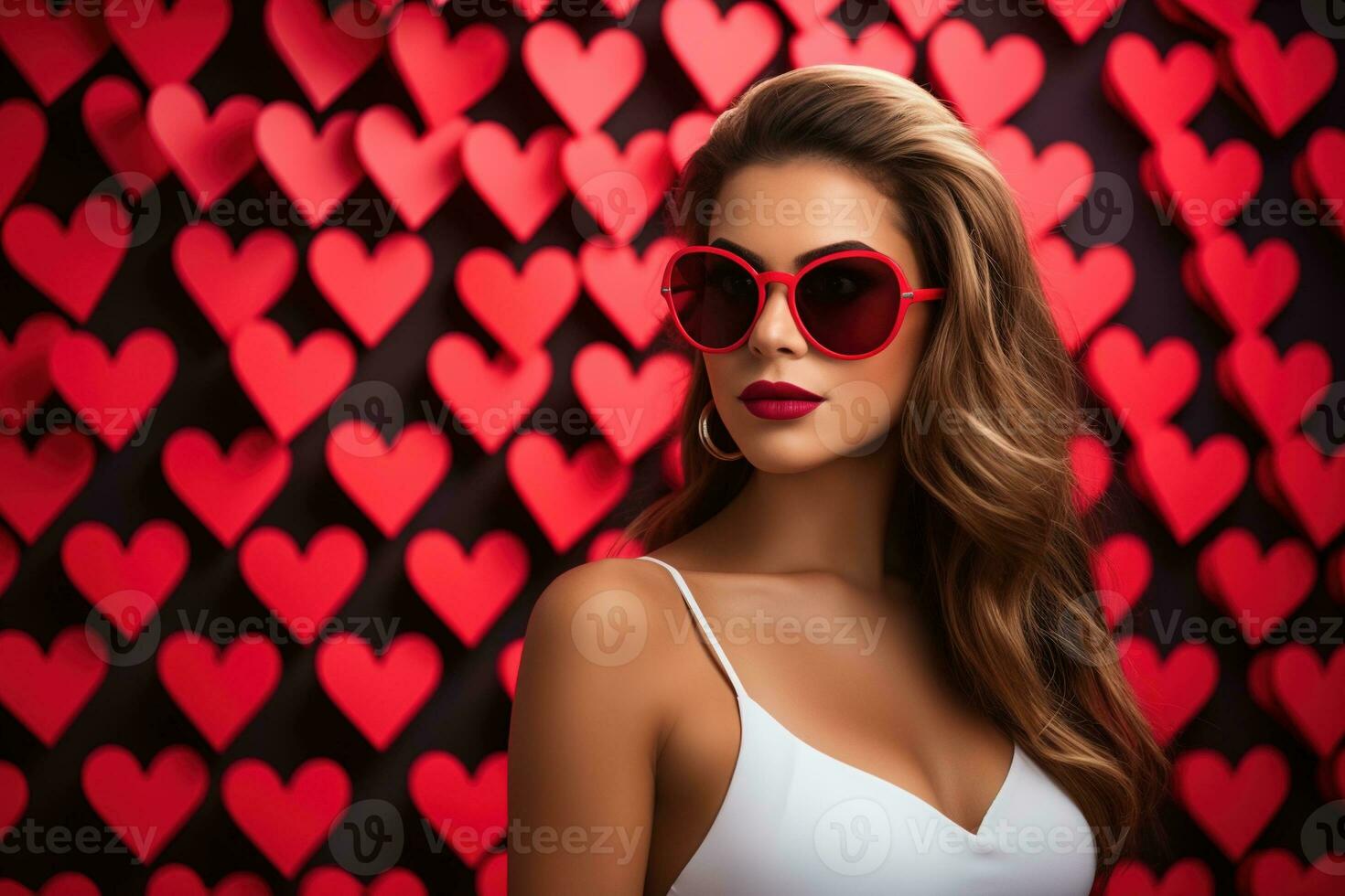 San Valentín día. retrato de hermosa joven mujer en Gafas de sol en rojo antecedentes con corazones. ai generado foto