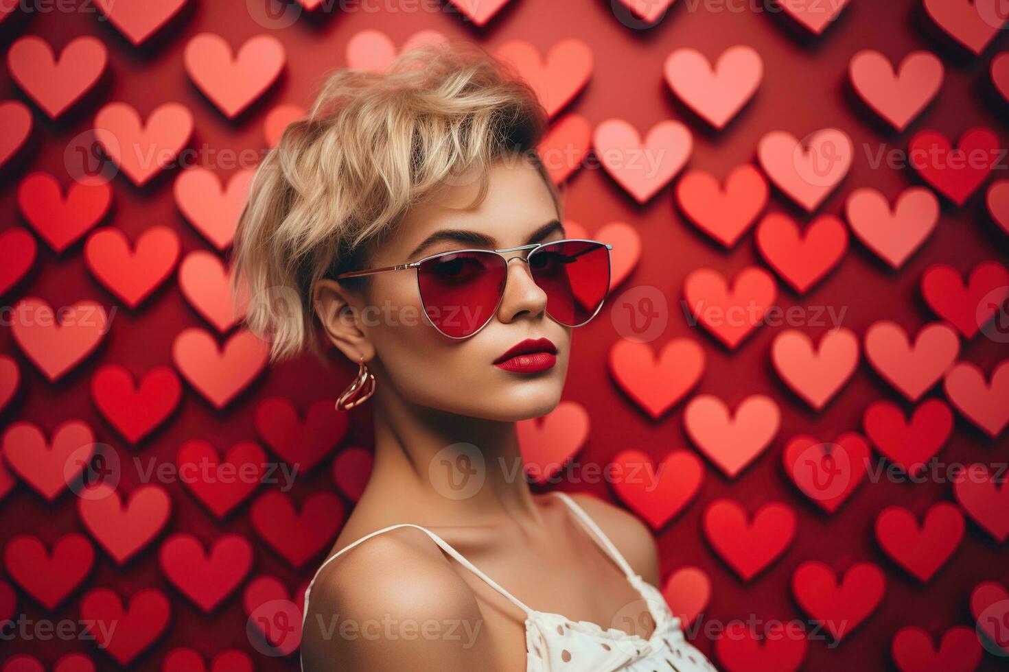 San Valentín día. retrato de hermosa joven mujer en Gafas de sol en rojo antecedentes con corazones. ai generado foto