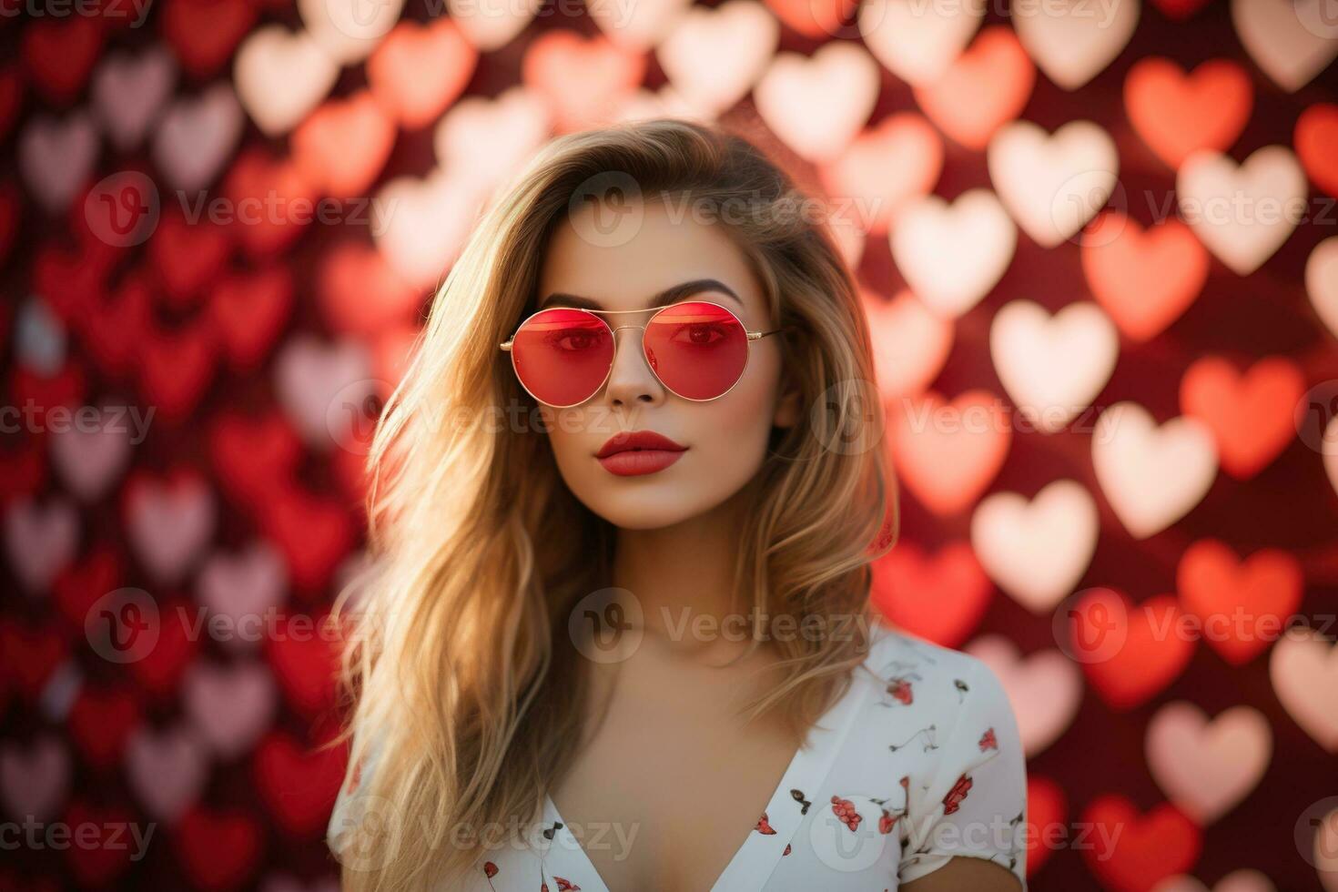 San Valentín día. retrato de hermosa joven mujer en Gafas de sol en rojo antecedentes con corazones. ai generado foto